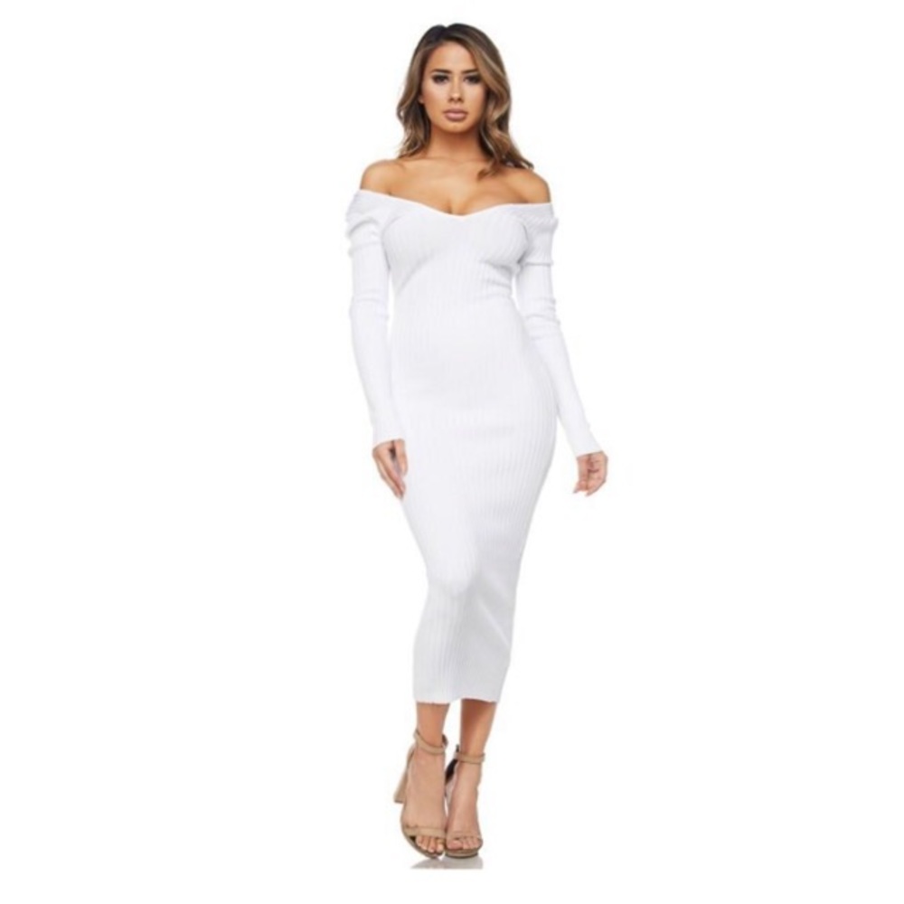 Ribbed V-Neck Midi Dress (M, L)